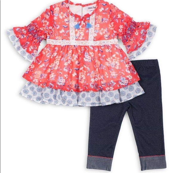 Little Lass Chiffon Top & Denim Capri Leggings Set